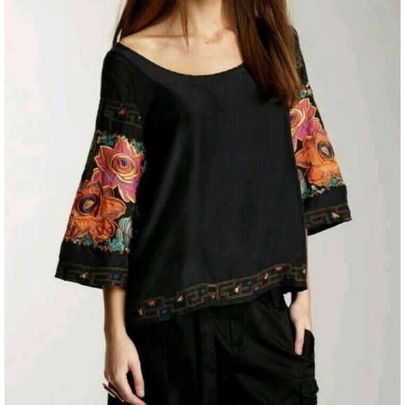 Da Nang Tops - Da-Nang Silk Blouse Embroidered Bell Sleeve